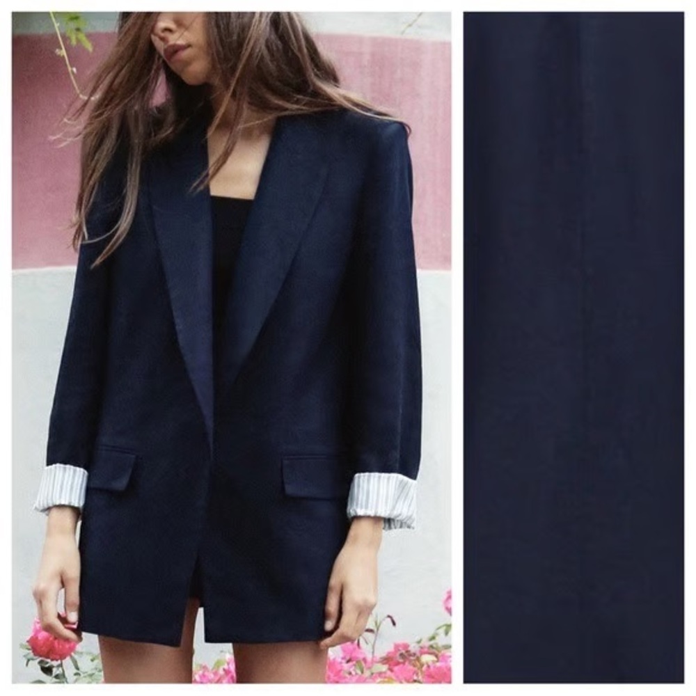 ZARA Linen Dark Navy Blue Women's Blazer w Cream Satin Roll up Cuffs